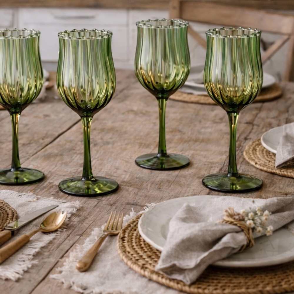 🍷Set of 4 Elegant Green Wine Glasses - Picture 2 of 11